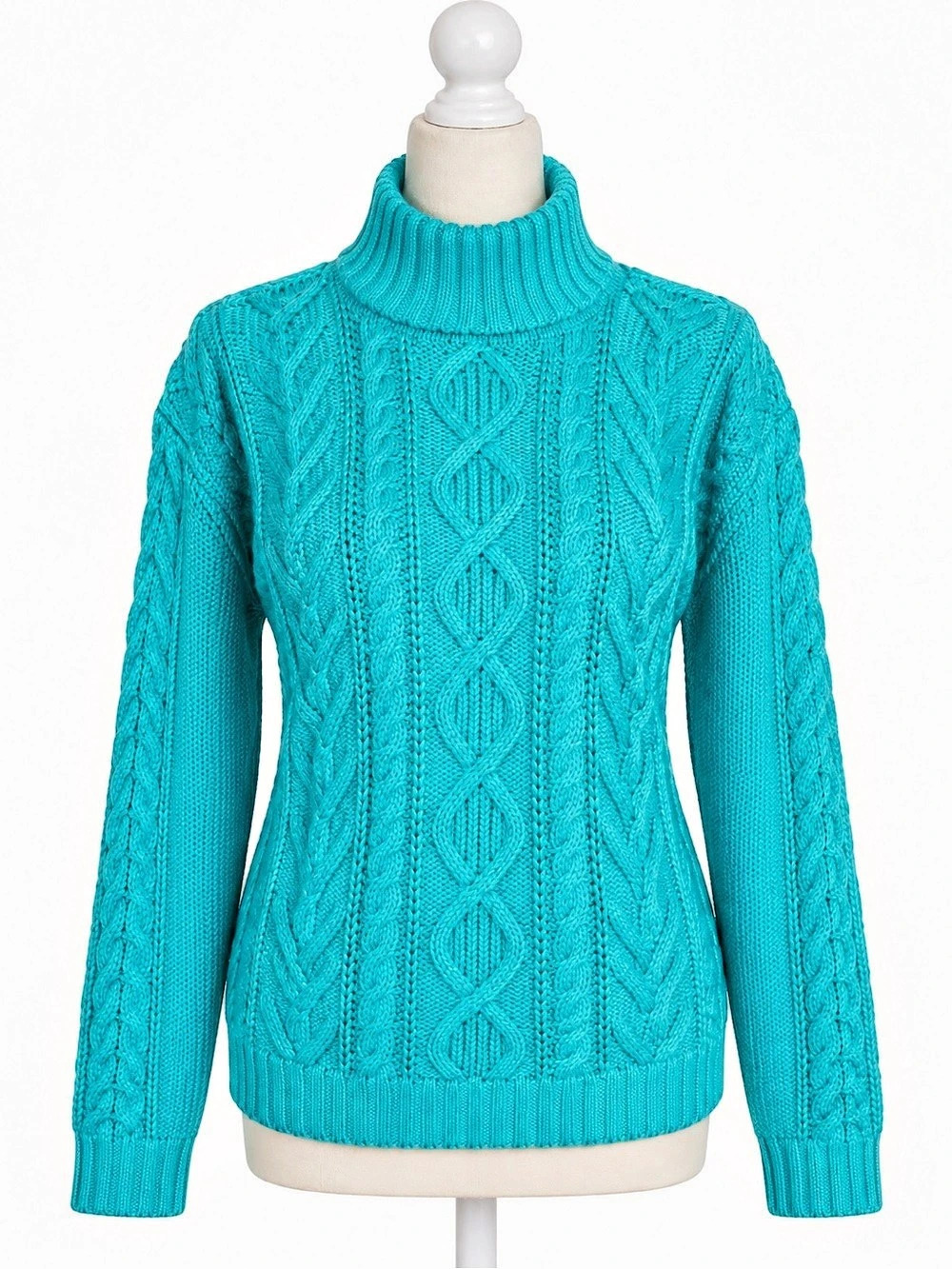 Chaps Women’s L Turquoise Cable Knit Turtleneck Sweater 100% Cotton Coastal Prep